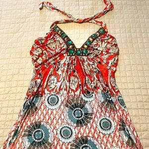 Venus Tie Neck Halter Top with Green, Orange and Khaki Design - Size S
